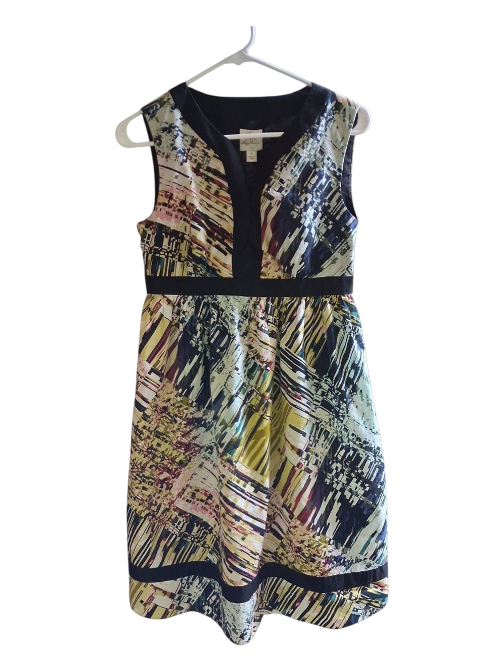 Sleeveless Multicolor Abstract Print A-Line Dress with Navy Trim